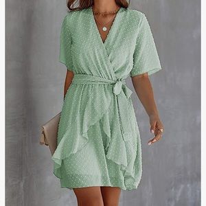 Faux Wrap Swiss Dot V-Neck Ruffle Dress